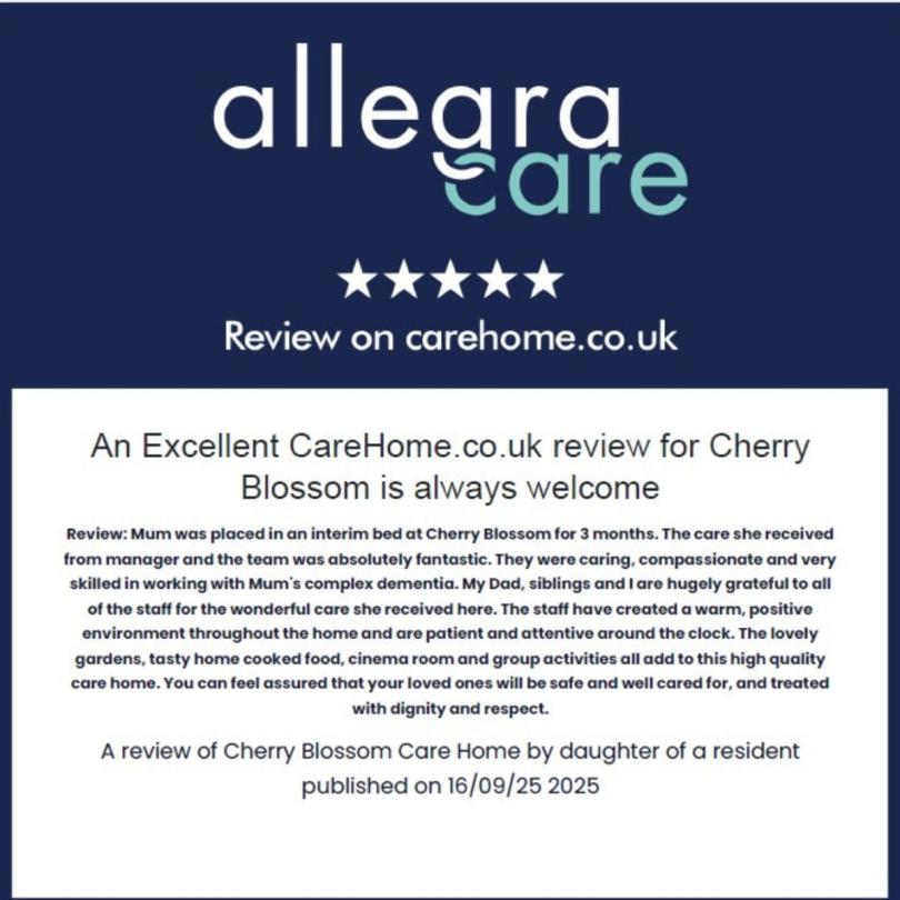 Excellent Review for Cherry Blossom Care Home