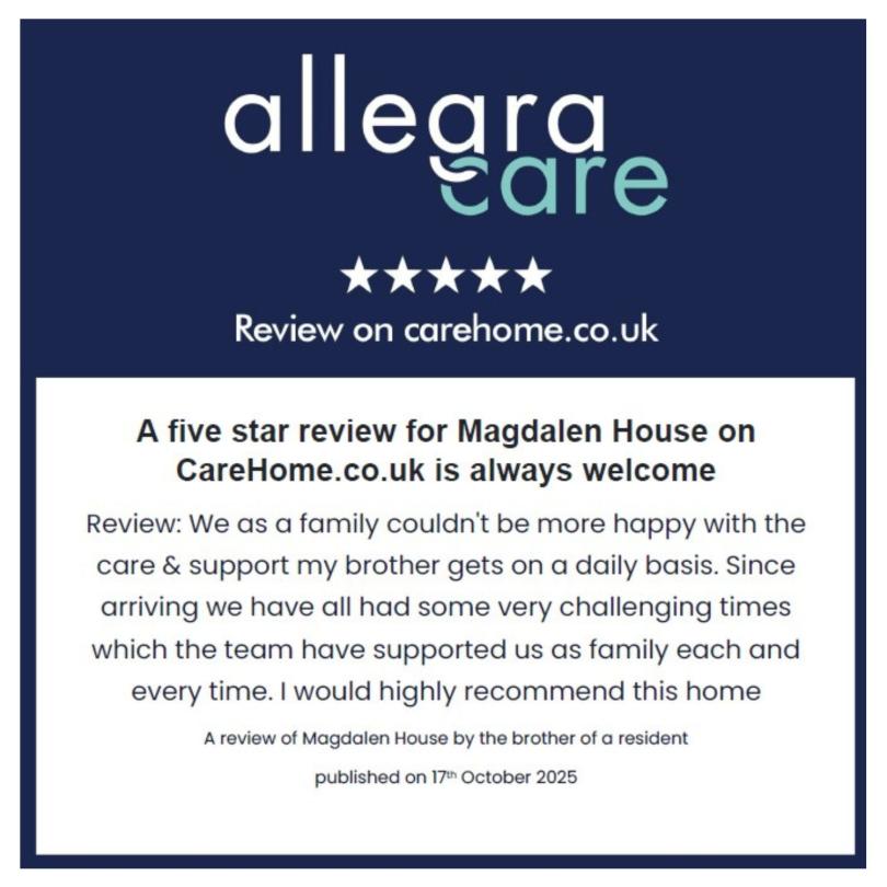 An excellent 5 star review on CareHome.co.uk