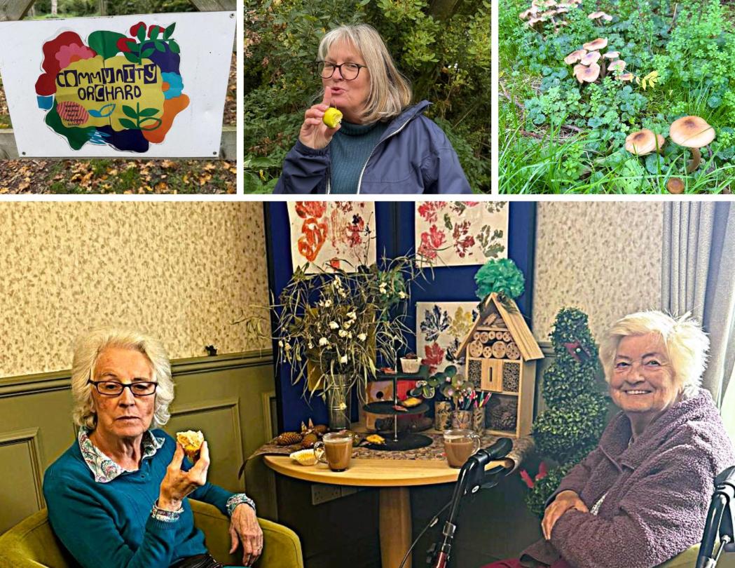 Fordingbridge Care Home residents enjoying a coffee and Wendy enjoying an apple on her walk