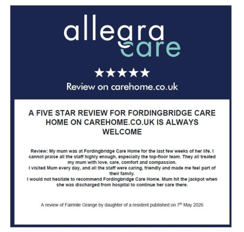 5 Star review of Fordingbridge Care Home