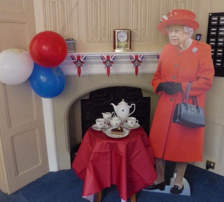 Cardboard cutout of the Queen in a Nursing Home for Jubilee celebrations