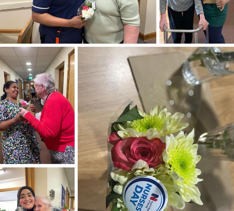 nurses receiving flowers from residents