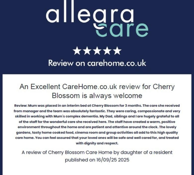 Excellent Review for Cherry Blossom Care Home