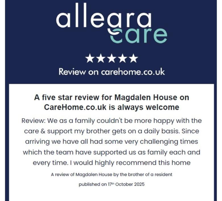 An excellent 5 star review on CareHome.co.uk