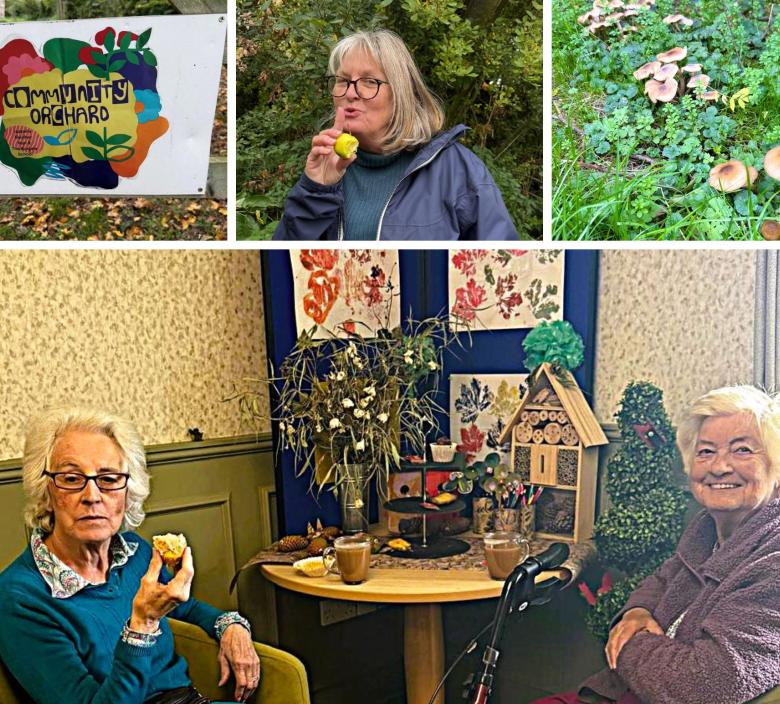 Fordingbridge Care Home residents enjoying a coffee and Wendy enjoying an apple on her walk