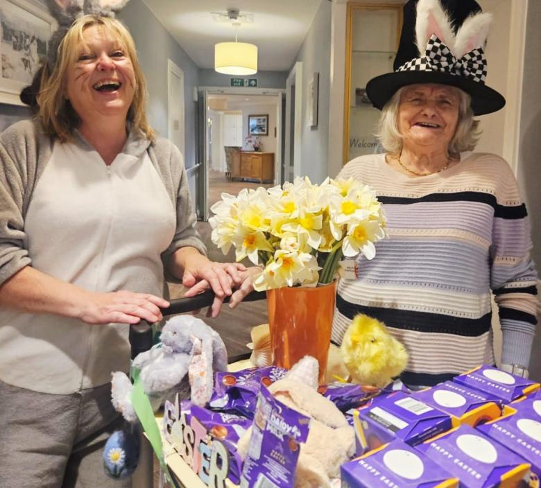 Edith and the Easter Bunny delivering Easter Eggs around the home
