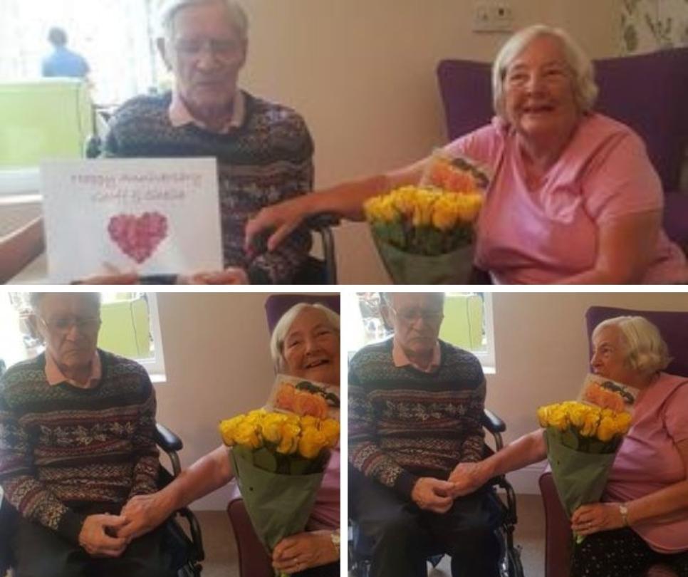 collage of photos from nursing home residents celebrating wedding anniversary with his wife