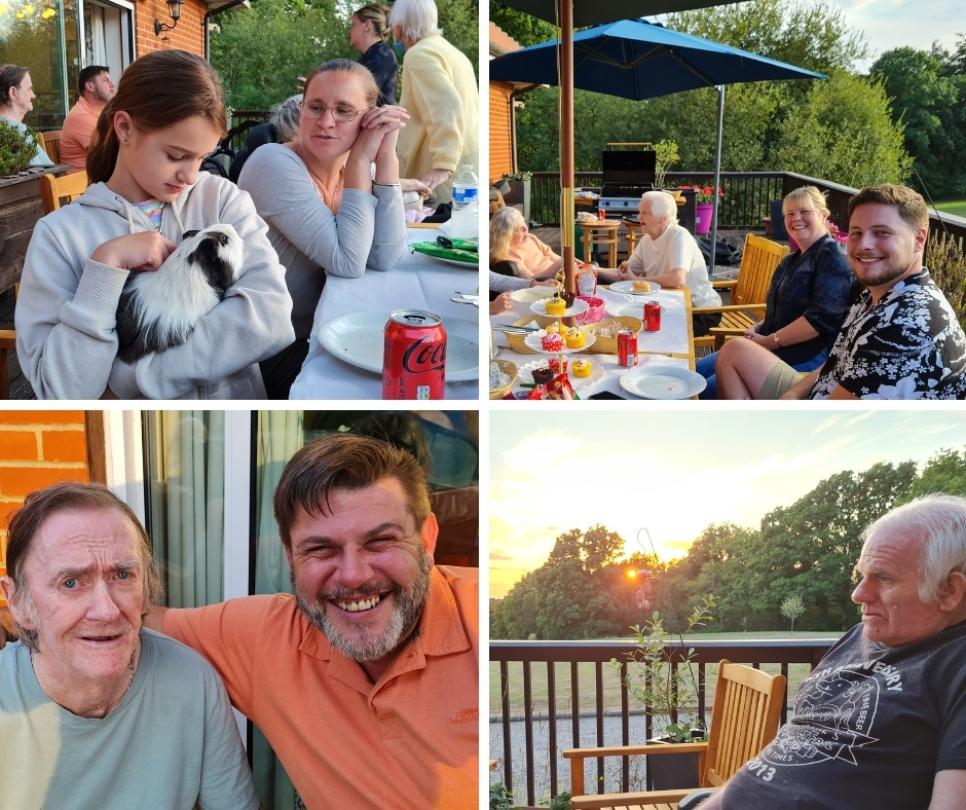 collage of nursing home residents and their families smiling at a bbq