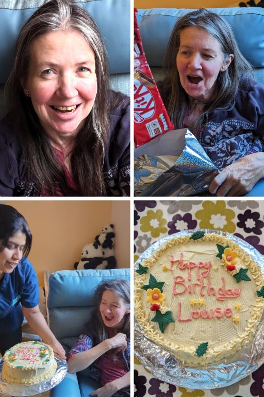 Louise's birthday with cake presents and cards
