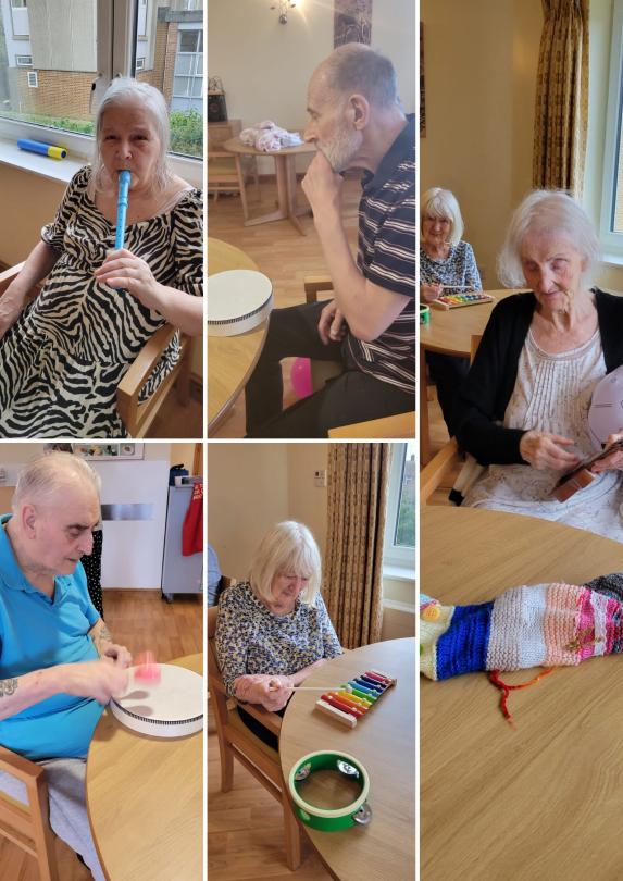 Residents playing musical instruments and exercising to music