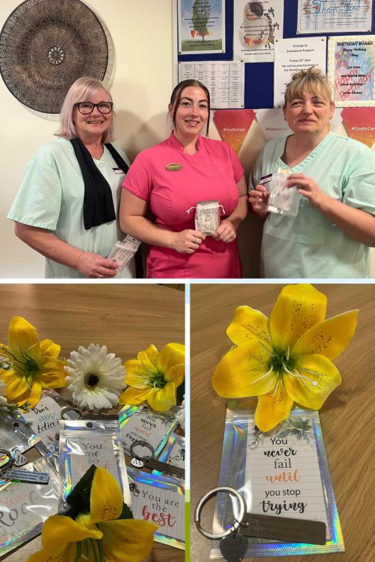 staff receiving their presents from residents for Glad to Care Week