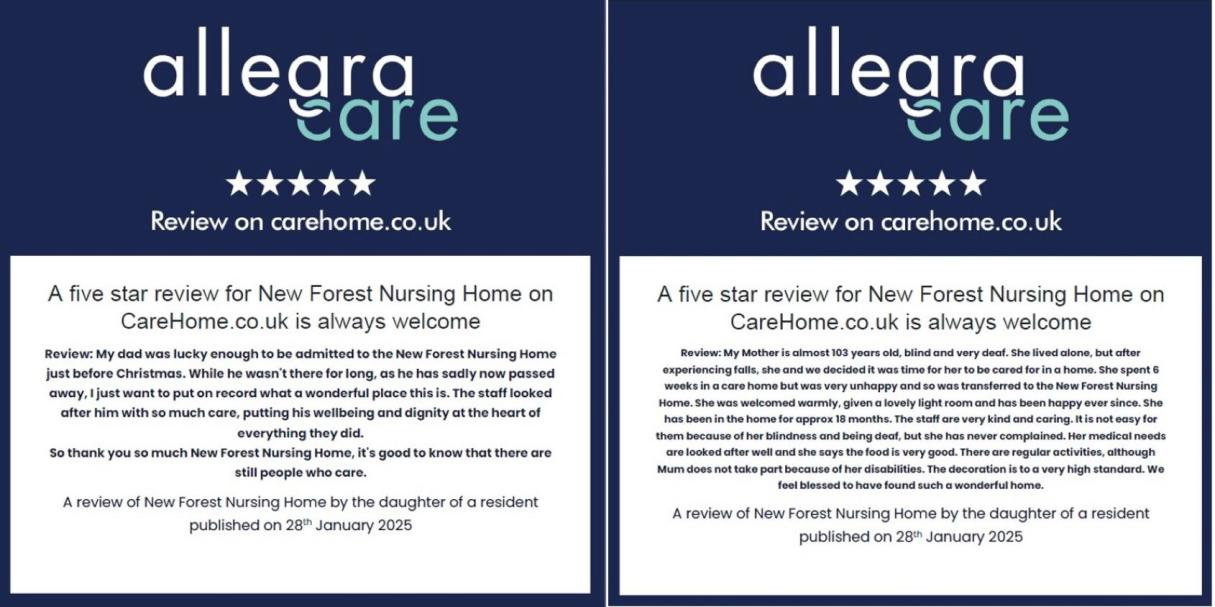 two amazing five star reviews for New Forest Nursing Home
