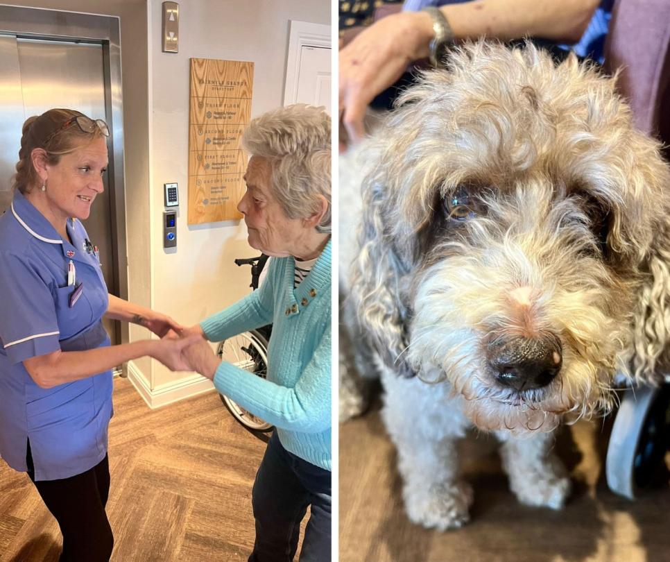 Fairmile resident and staff dancing and Sophie the dog