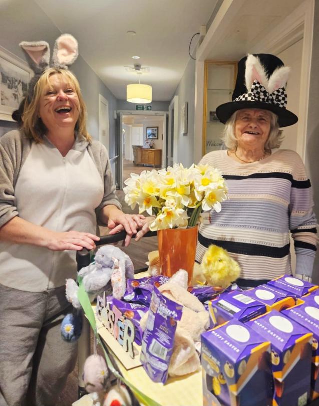 Edith and the Easter Bunny delivering Easter Eggs around the home