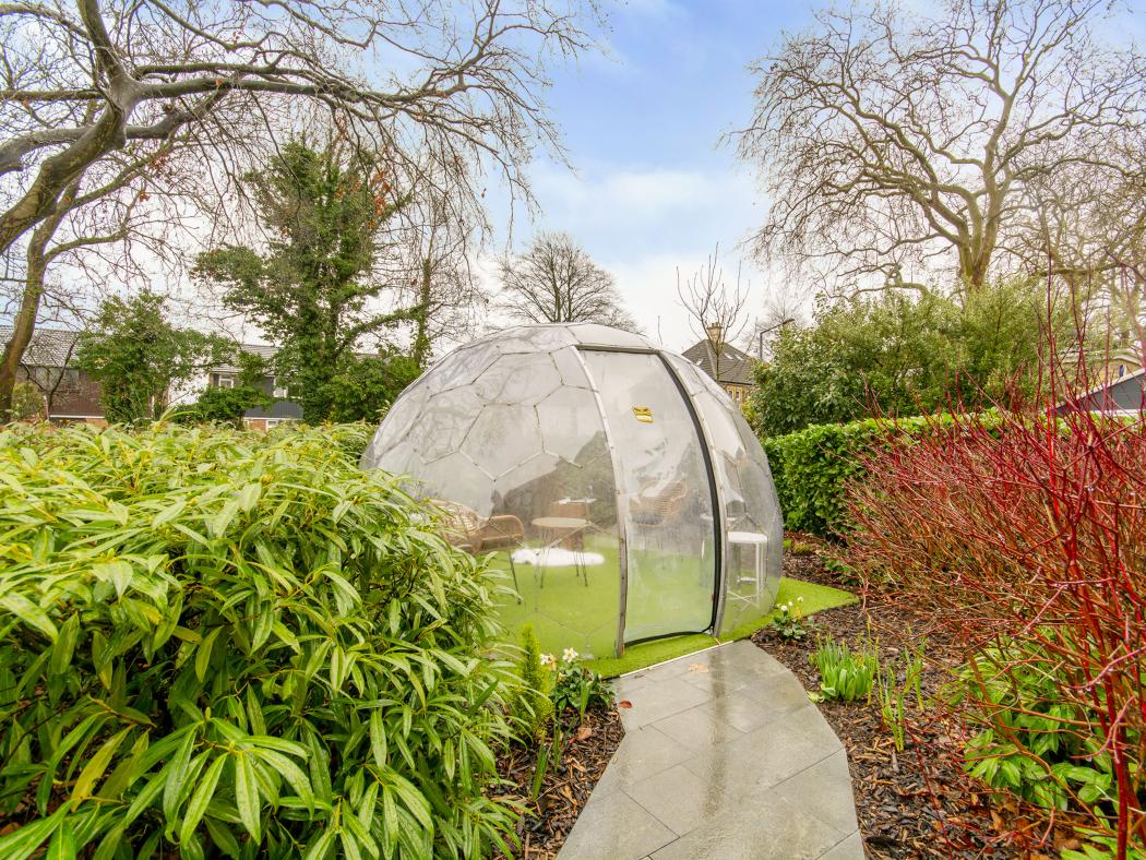 A transparent garden dome surrounded by lush greenery and red shrubs, providing a peaceful and cosy outdoor space