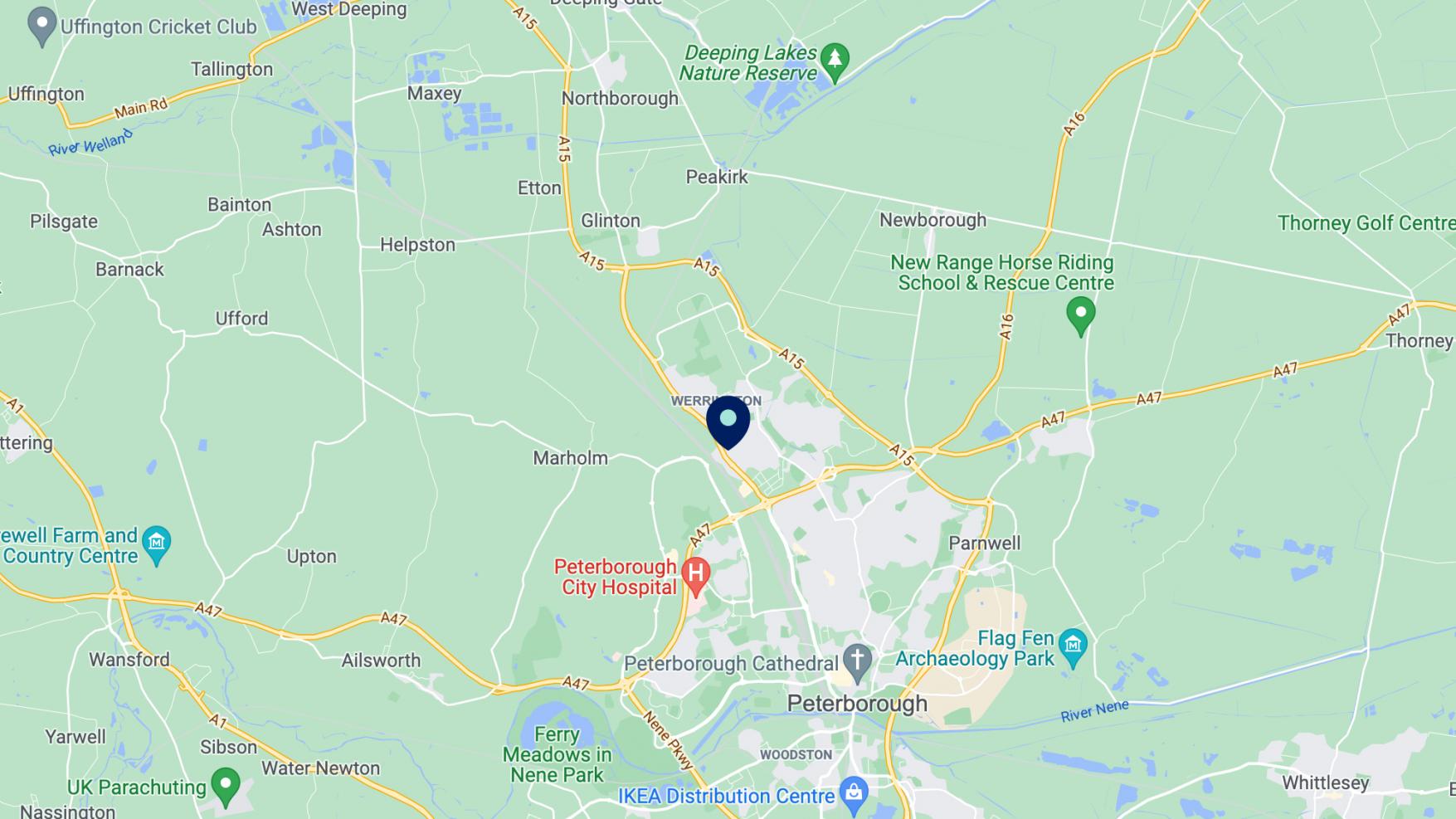 Map of Cambridgeshire with Cherry Blossom Care Home pinned