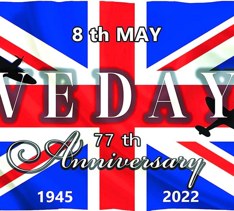 graphic of VE Day celebrations poster with union jack behind the text