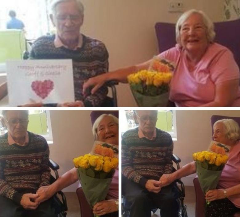 collage of photos from nursing home residents celebrating wedding anniversary with his wife