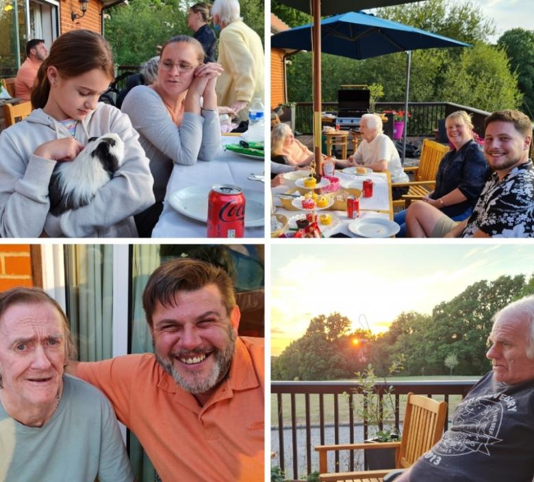 collage of nursing home residents and their families smiling at a bbq