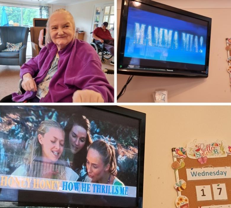 collage of nursing home residents watching mamma mia 