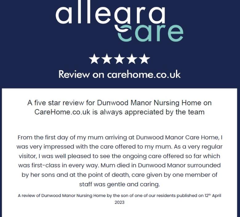 Dunwood Manor get 5* certification from Care UK. 