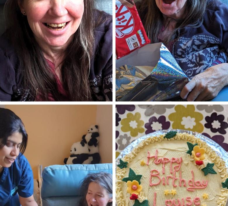 Louise's birthday with cake presents and cards