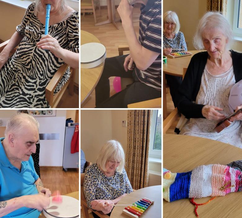 Residents playing musical instruments and exercising to music