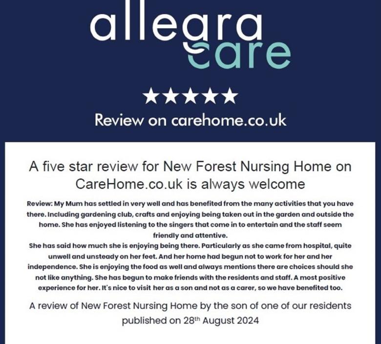 5 Star review of New Forest Nursing Home