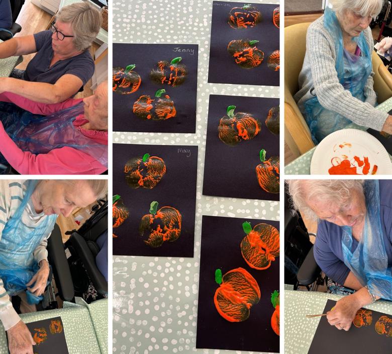 Residents creating Apple Pumpkin Prints at Cedar Lawn