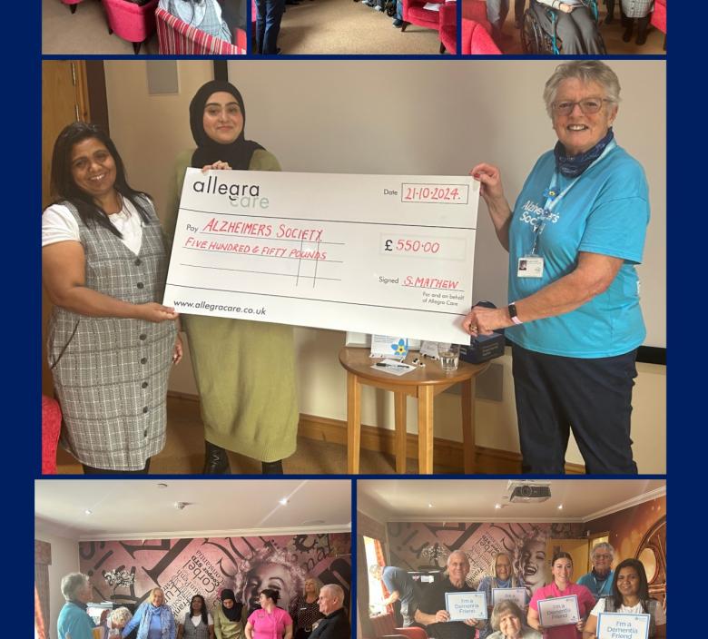 A collage of photos from presenting a cheque to the Alzheimer's Society and a Dementia Friends session