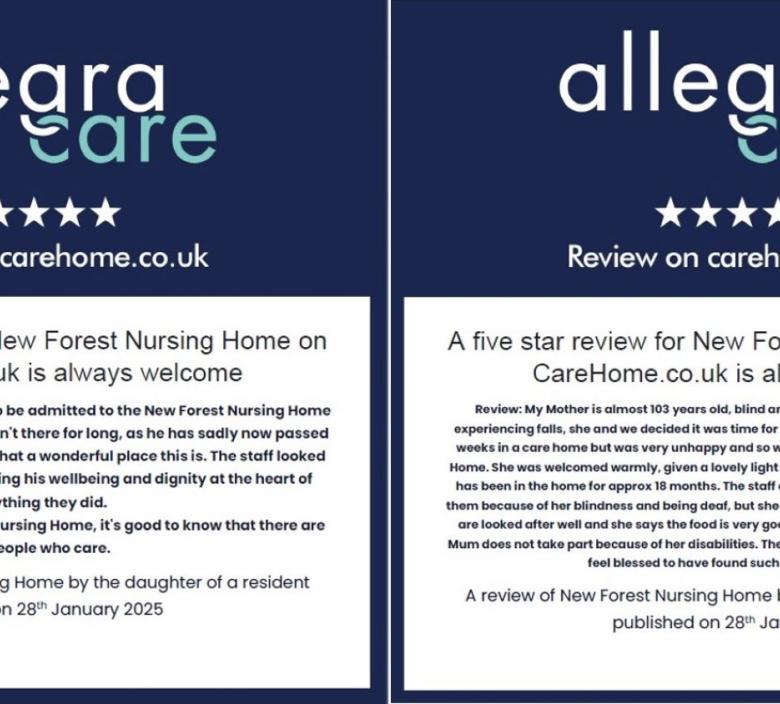 two amazing five star reviews for New Forest Nursing Home