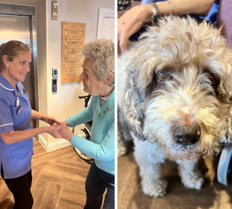Fairmile resident and staff dancing and Sophie the dog