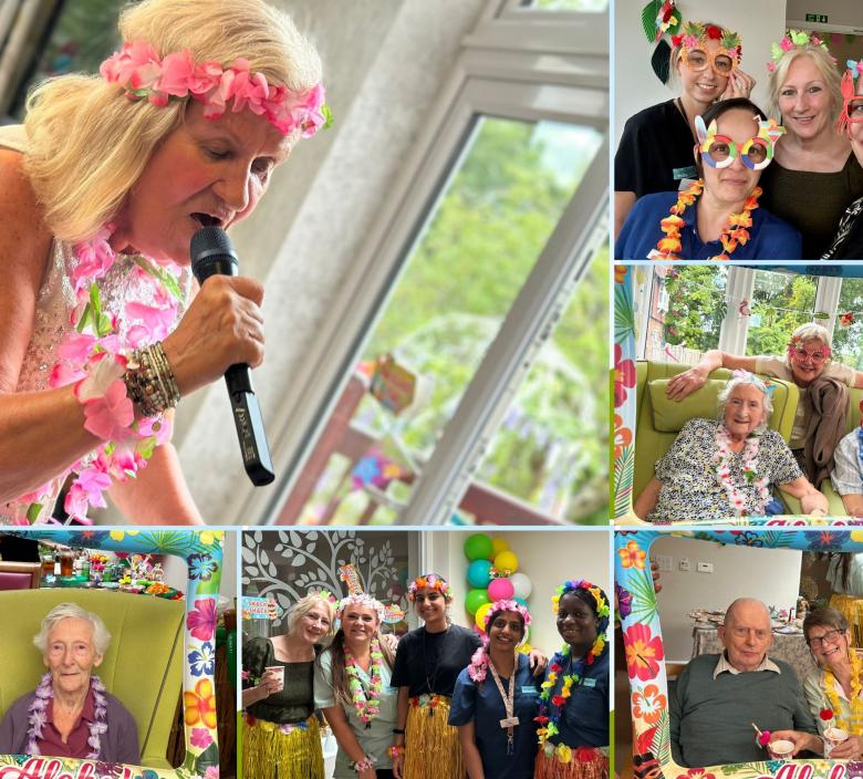 Residents Staff Family and Friends all enjoying the Dunwood Manor Hawaiian party