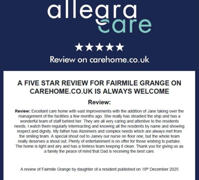 An excellent review for Fairmile Grange